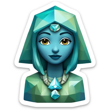 Sculpture oracle priestess with a geometric faceted design with disney features. Oracle of delphi is sparkling and standing upright on a base with angular and flower features. The vibrant blues neutrals and greens highlights the sharp edges and planes.  sticker