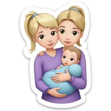 Big sister with ponytail carefully holding newborn baby while hugging younger sister sticker