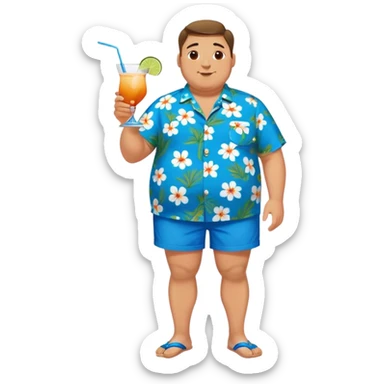 chubby guy full figure in a flowered azure havai shirt, brown shorts and flippers holding a cocktail sticker