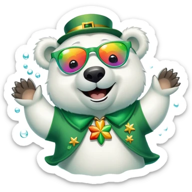 friendly anthropomorphised polar bear smiling, wearing large multicolored star-shaped glasses and festive St. Patrick's Day outfit, floating on back in water sticker