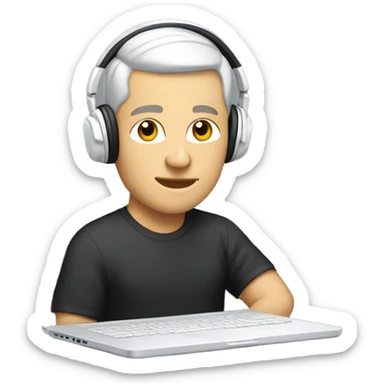 Software engineer (white male, buzz cut hair, with white headphones) in front of laptop, apple-style sticker