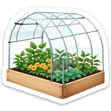garden bed with protective cover, greenhouse cover over plants sticker