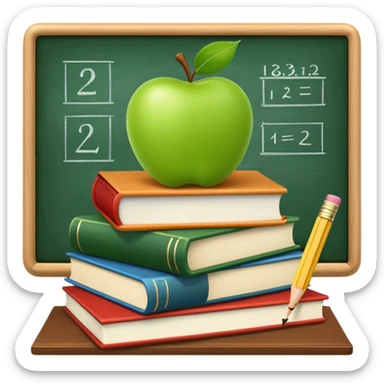 An icon featuring a chalkboard with educational equations, an apple, and a pencil, symbolizing pedagogy. The design includes a stack of books and a graduation cap, representing teaching and learning. Transparent background highlights the dedication to education and mentorship. sticker