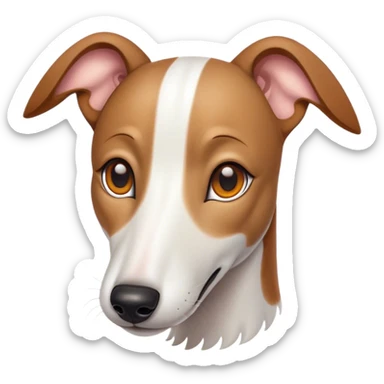 Cinematic Cute White and Brown Greyhound Portrait Emoji, Head tilted playfully and inquisitively, featuring a smooth white Fur with vibrant brown accents and round, sparkling eyes filled with curiosity, Simplified yet irresistibly adorable features, highly detailed, glowing with a warm, friendly glow, high shine, affectionate and nimble, stylized with a touch of whimsy, bright and endearing, soft glowing outline, capturing the essence of a mischievous yet loving racer, so playful it feels like it could sprint out of the screen and into your arms! sticker