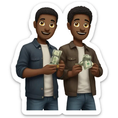 2 guys hold coins and money in their hands sticker