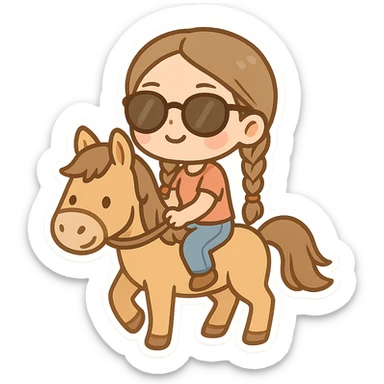 cute woman with braids and sunglasses, sitting on a horse, fun cartoon style emoji sticker