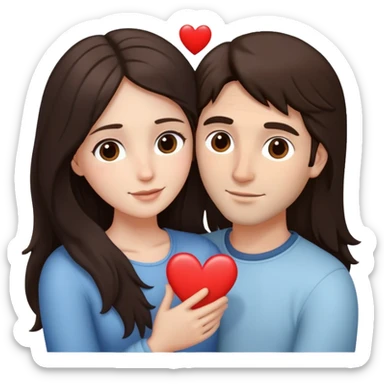 A couple embracing, man with light mestizo skin and straight dark brown hair, woman with fair skin and long slightly wavy dark brown hair, with white hearts around them sticker