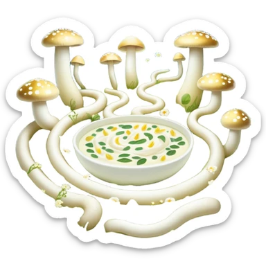 Glowing garden of probiotic foods: yogurt as white flowers, kefir as luminous mushrooms, and fermented vegetables as magical plants. Beneficial bacteria appear as tiny golden lights floating through the garden. The intestine forms a spiraling path surrounded by this magical ecosystem. sticker
