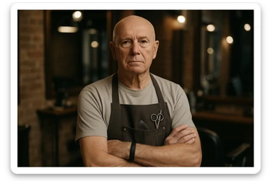 huddi shu odamni qariroq va soch soqolsiz tasvirlab ber o'zgartirib realistik qilib orqa fon sartaroshxona belidan sal pastroqqacha  sticker