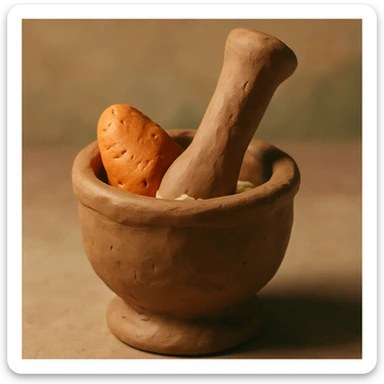 close-up of mortar and pestle with yam being pounded, tactile sculpted appearance, earthy tones, claymation style sticker