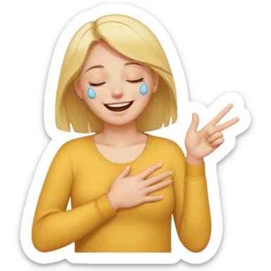 A person laughing with one hand pointing straight and one hand on his stomach with laughing tears in his eyes and closed eyes and straight pointing hand straight sticker