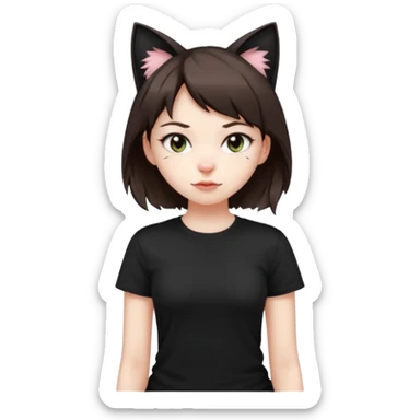 a girl with pale skin, short dark brown hair with lots of dandruff , cat ears and a tail, with a black t-shirt on sticker