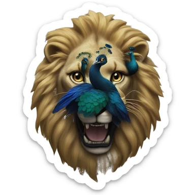 a face of a half lion and peacock bighting a black rose sticker