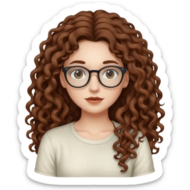aesthetic white girl with cool coloured brown, very long curly hair, she wears an offwhite top and her eyes are black , and wears thin small glasses sticker