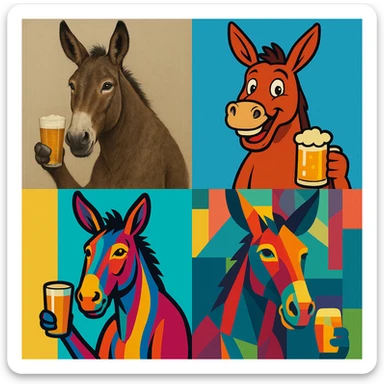 a mule holding a beer, four distinct visual styles sticker