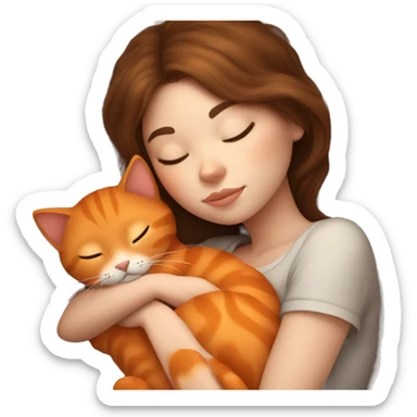 Brown hair girl sleeping with fluffy orange cat sticker