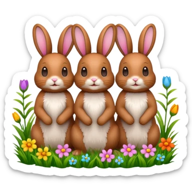 3 Bunny's standing in grass field with flowers happy looking foward sticker
