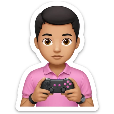 generate a pretty tan bratz boy with a pink polo. Holding a gaming controller in hand. Black hair sticker