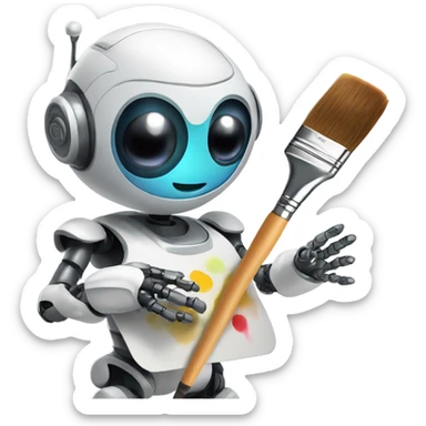cute robot holds a palette with paints and a brush sticker