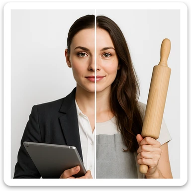4K hyper realistic split-image of a beautiful woman: left side with subtle office makeup, neat bun, blazer, holding a tablet; right side natural, hair down, kitchen apron, holding a rolling pin, soft smile, symmetrical, white background, clear contrast sticker