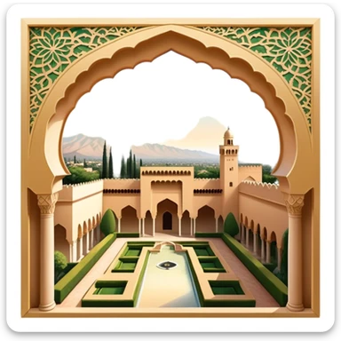 ​Cinematic Realistic Alhambra, depicted as a panoramic, zoomed-out view of the entire majestic Moorish palace complex with intricate arches, expansive courtyards, and lush gardens stretching into the distance, bathed in soft golden light that accentuates its opulent historical grandeur, sticker