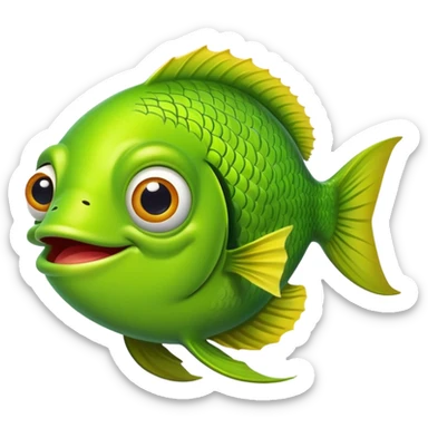 extremely goofy bright lime green fish with huge bulging eye and dopey smile, looking incredibly stupid and friendly, perfect flat side profile facing right, exactly 90 degrees, one eye visible sticker