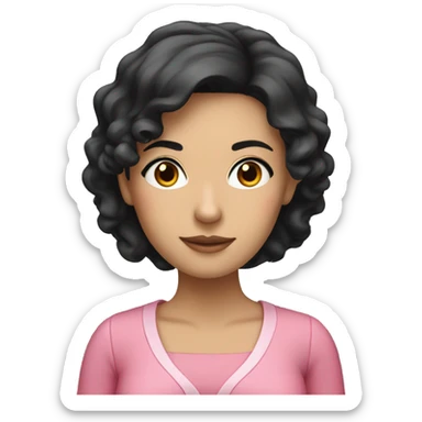 a female teacher with black hair, dark eyes and pink dress sticker