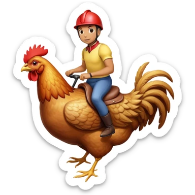 person riding a giant chicken like a jockey, funny meme, comical, human jockey on chicken sticker