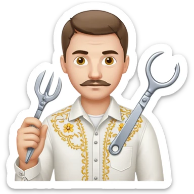 A Ukrainian man in a white embroidered shirt holds a spanner in one hand and scissors in the other sticker