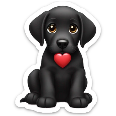 sitting black labrador puppy is holding a heart sticker