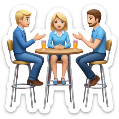 casual interview on stage, three people, facing each other, woman on the left, two men on the right, high chairs sticker