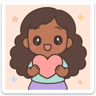 chibi anime black girl with long curly hair, smiling, holding a pink heart, kawaii style sticker