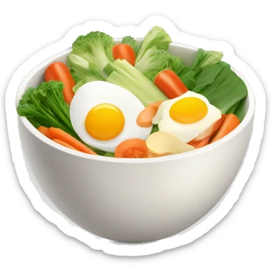 Bowl with sliced vegetables and egg sticker