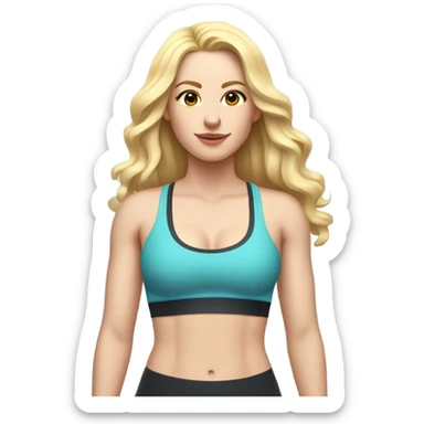 Woman, white skin, pale skin, long hair, blonde hair, wavy hair, standing, sports bra, leggings, measuring tape around waste sticker