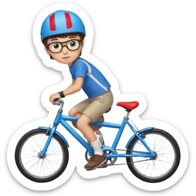 12 year old boy with short brown hair and a fringe, round glasses, blue eyes, riding a blue bike, wearing a red helmet sticker