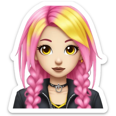 Blue eyed long eye lashes pout blonde and pink hair pale hime gyaru girl, hot pink and yellow split-dyed hair, nose ring, elf ears, dark makeup, punk clothes sticker