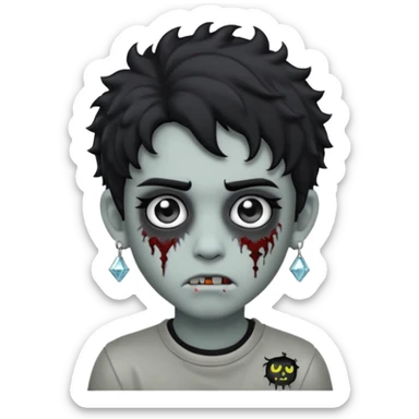 boy zombie with curly black hair emo grey skin skin and diamond stud earrings, make the emoji look like this one 🧟 sticker