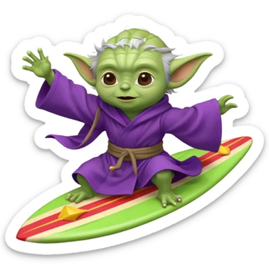yoda in a purple robe flying in a rocket like surfing sticker