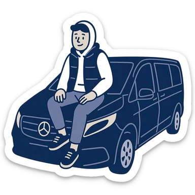 minimal flat icon style of a guy in a white hoodie, black vest, and sneakers, sitting on the hood of a black Mercedes V-Class van sticker