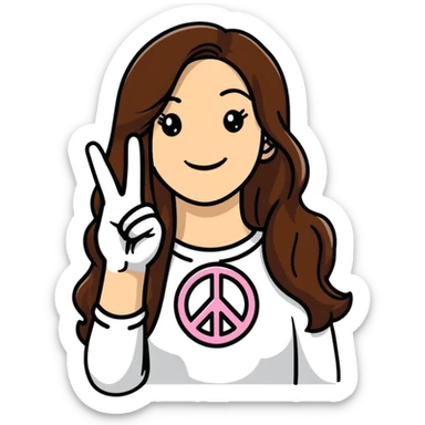 Young woman with long brown hair, smiling, making peace sign, TikTok star sticker