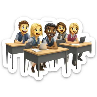 3 European students sitting at desks. They are laughing at lesson sticker