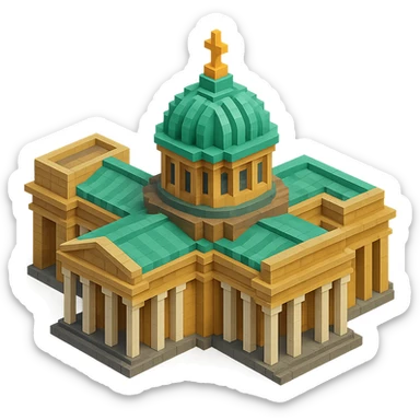 Kazan Cathedral of Saint Petersburg in voxel style, isometric view, realistic colors with light brown stone, green central dome, white columns sticker