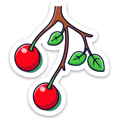 Two plump red cherries hanging from a small branch with green leaves sticker