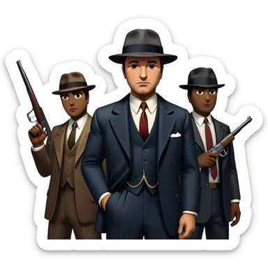 Vintage noir poster with Don Corleone surrounded by gangsters holding Thompson submachine guns. Background features New York skyscrapers, adding to the gritty, classic gangster film feel.  Dark and moody atmosphere with shadows, suits, and a mysterious vibe. Transparent background. sticker