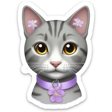 Beautiful girl grey tabby cat with lilac collar with white flower pendant sticker