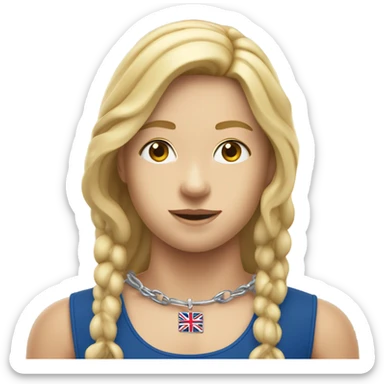 A girl with long blonde hair with wide shoulders wearing a Great Britain rowing swimming suit and has small muscles and add a necklace that has a sea shell pendant on it. She must have a  necklace is around the neck and the pendant is on her chest sticker