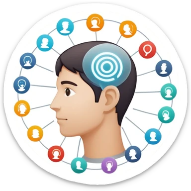 Circular web of profile icons linked by glowing lines, with one highlighted in the center, on a soft neutral background. sticker