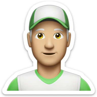 Tennisplayer white male in his 50s,Green-eyes, gray-hear, white cap with tennis-raquet and tennis-ball sticker