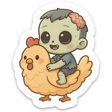 cute chibi duo, big-eyed zombie riding a fluffy chicken, chicken jockey sticker