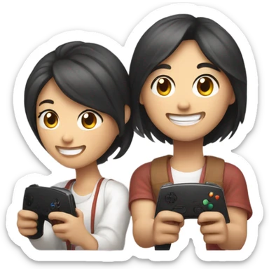 Cute asian couple happily playing video games sticker